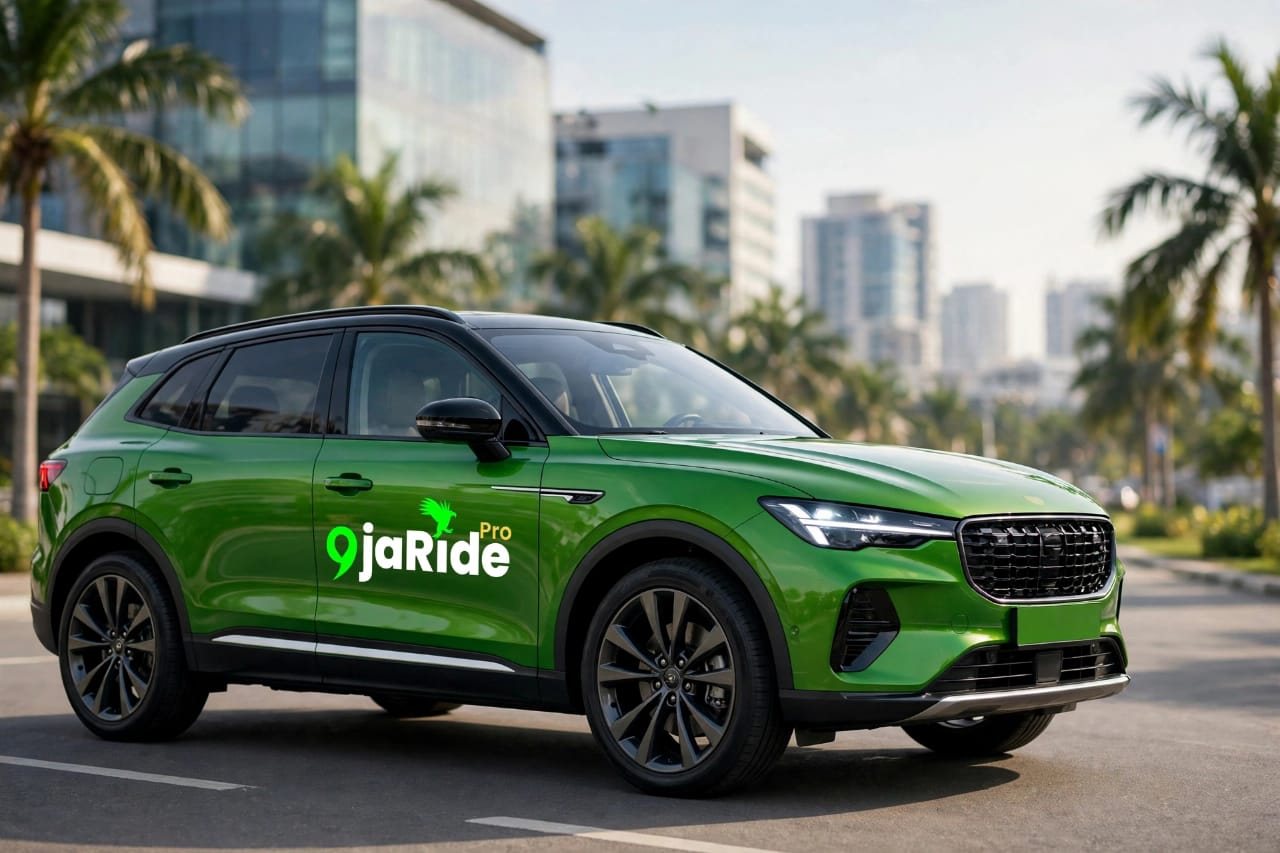 A green 9jaRide Pro car parked on a city street lined with palm trees
