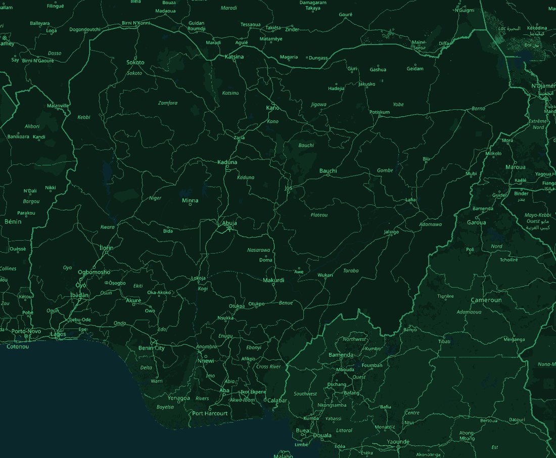 A map of Nigeria and its neighbours, with the main cities joined by routes